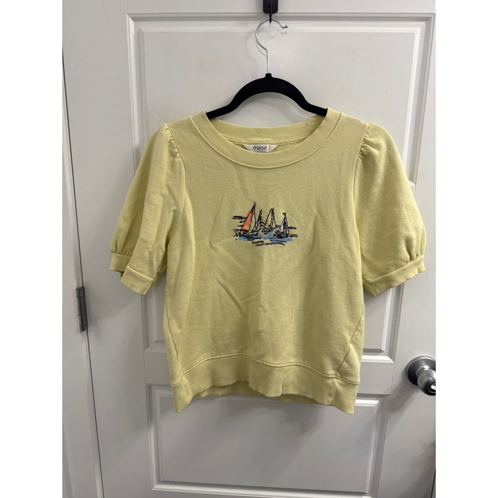 Maeve Anthropologie Yellow Puff Sleeve Sailboat Embroidered Sweatshirt XS